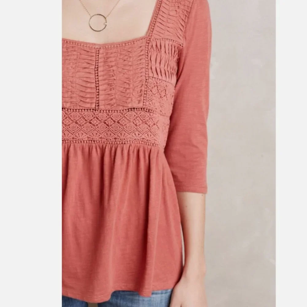 ANTHRO I Terra Cotta Nosara Crochet Lace Peplum Shirt Top by Meadow Rue, S